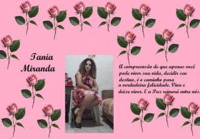 Pink decorative banner with roses, showing the name 'Iania Miranda' on the left, a photo of a woman seated in the center, and a Portuguese quote on the right.