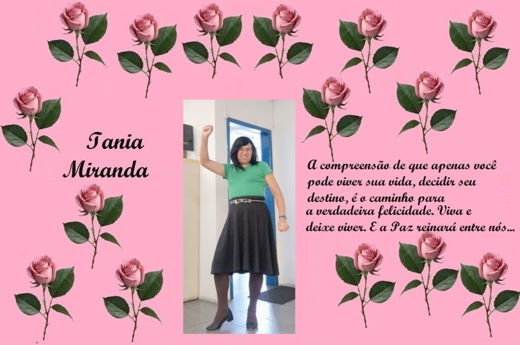 Pink rose-bordered background with the name 'Tania Miranda' on the left, a central photo of a woman in a green top and black skirt raising her fist, and a Portuguese inspirational quote on the right.