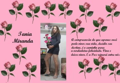 Decorative pink card with rose border, center photo of a woman holding pink roses, left text 'Tania Miranda', right-side Portuguese quote about life and happiness.