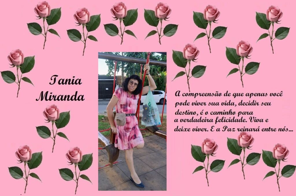 Tribute banner: Iania Miranda text on the left, photo of a woman in a pink dress on a swing in the center, and a Portuguese happiness/peace quote on the right, all on a pink rose-patterned background.