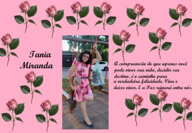Tribute banner: Iania Miranda text on the left, photo of a woman in a pink dress on a swing in the center, and a Portuguese happiness/peace quote on the right, all on a pink rose-patterned background.