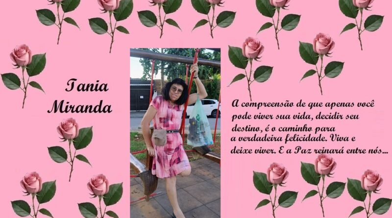 Tribute banner: Iania Miranda text on the left, photo of a woman in a pink dress on a swing in the center, and a Portuguese happiness/peace quote on the right, all on a pink rose-patterned background.