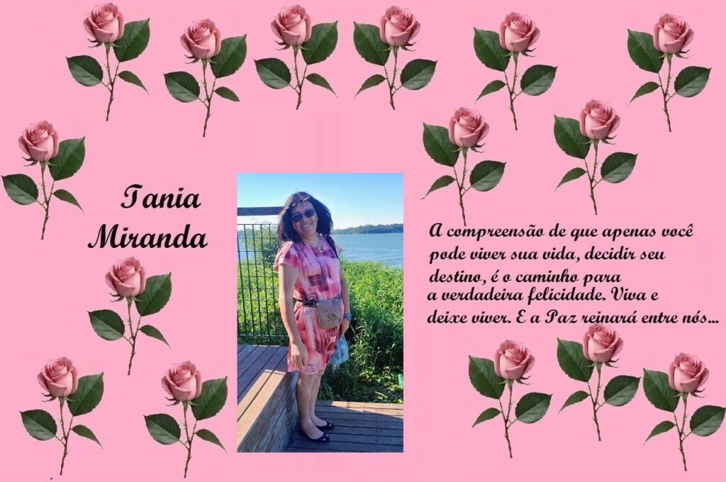 Pink rose-bordered tribute card with a photo of Iania Miranda and a Portuguese quote about happiness and peace.
