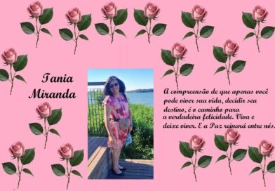Pink rose-bordered tribute card with a photo of Iania Miranda and a Portuguese quote about happiness and peace.