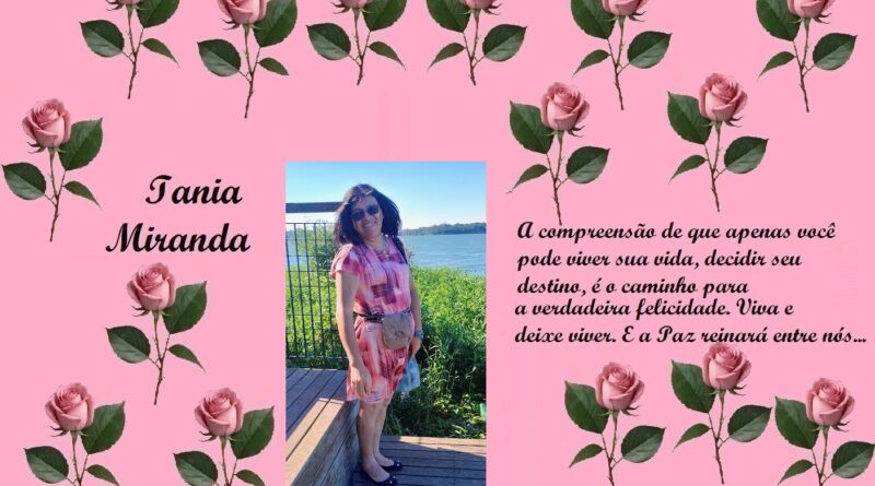 Pink rose-bordered tribute card with a photo of Iania Miranda and a Portuguese quote about happiness and peace.