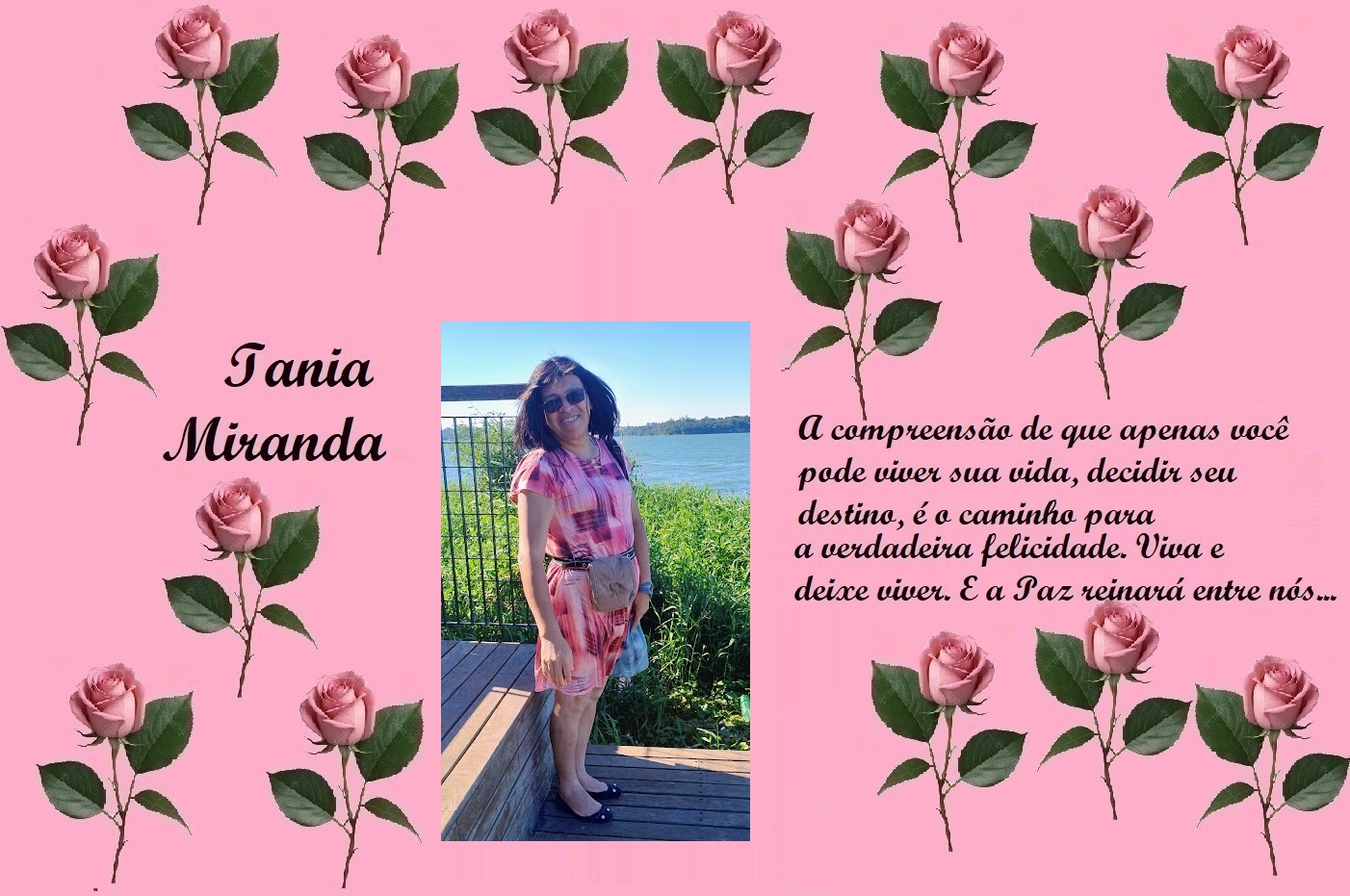 Pink rose-bordered tribute card with a photo of Iania Miranda and a Portuguese quote about happiness and peace.