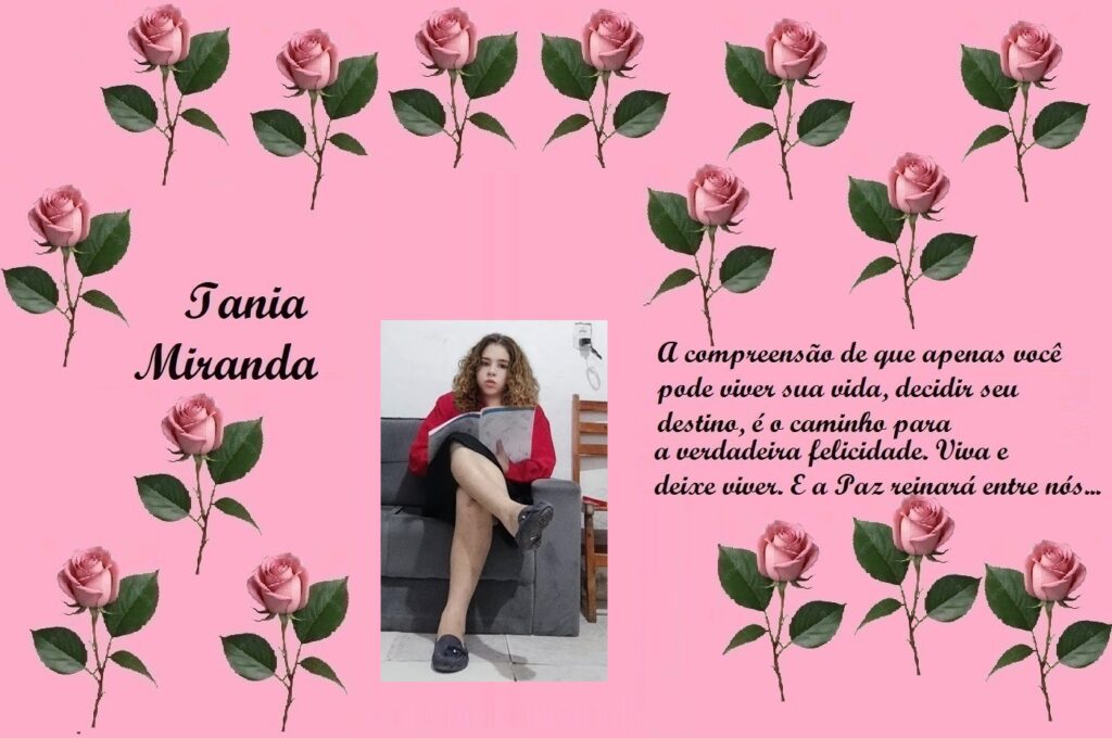Pink poster with rose border; name Iania Miranda on the left, central photo of a young woman reading, and a Portuguese quote about living your life and peace on the right.