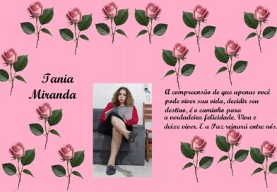 Pink poster with rose border; name Iania Miranda on the left, central photo of a young woman reading, and a Portuguese quote about living your life and peace on the right.