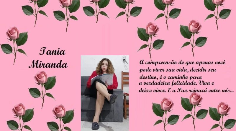 Pink poster with rose border; name Iania Miranda on the left, central photo of a young woman reading, and a Portuguese quote about living your life and peace on the right.