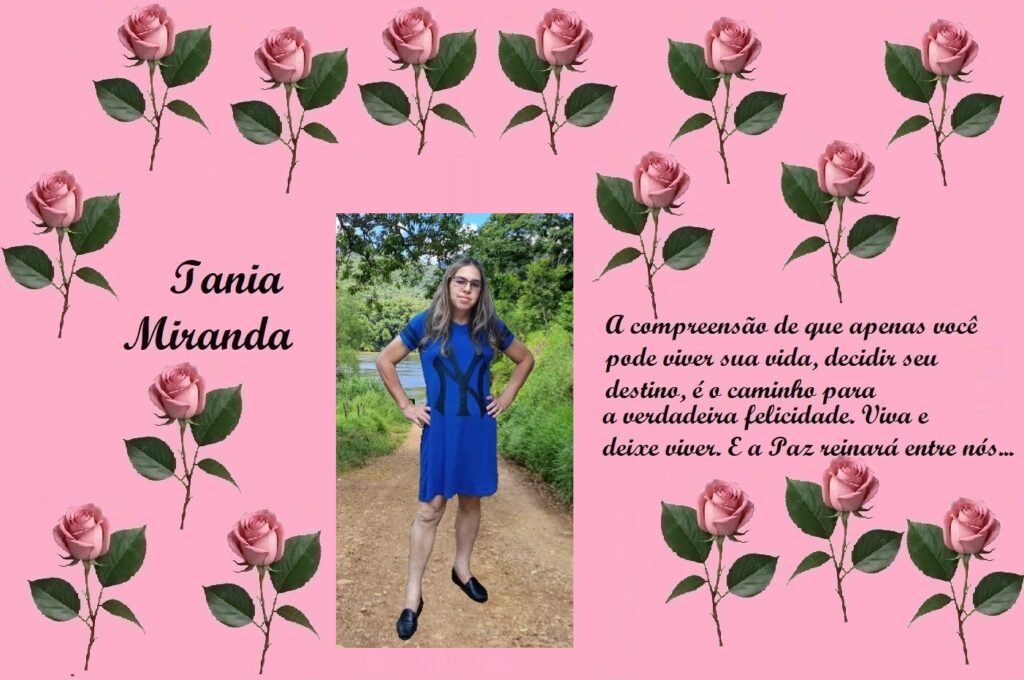 Colagem rosa com rosas ao redor, retrato central de uma jovem em vestido azul e a frase em português 'Iania Miranda' e uma mensagem de vida ao lado.