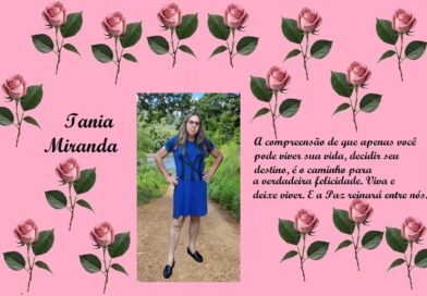 Colagem rosa com rosas ao redor, retrato central de uma jovem em vestido azul e a frase em português 'Iania Miranda' e uma mensagem de vida ao lado.