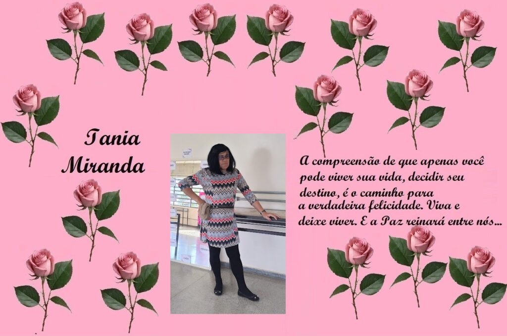 Banner rosa com rosas decorativas; à esquerda, o nome 'Iania Miranda' em fonte cursiva; ao centro, foto de uma mulher em vestido xadrez encostada em uma bancada; à direita, citação sobre viver a vida e buscar felicidade.