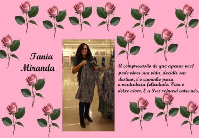 Pink collage with rose illustrations; left side shows the name 'Iania Miranda', center features a woman in a store holding a dress, right side contains a Portuguese quote about living life, choosing your destiny, happiness, and peace.