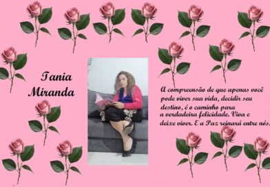 Pink background with a rose border, featuring the name Iania Miranda on the left, a woman reading a book on a sofa in the center, and a Portuguese quote about life and happiness on the right.] ,