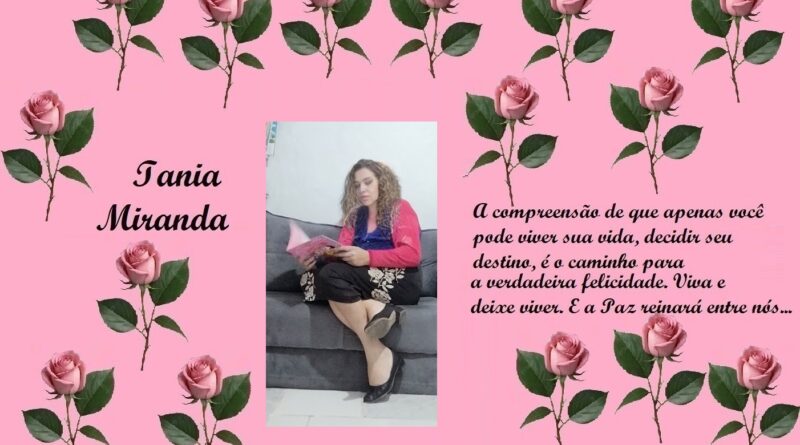 Pink background with a rose border, featuring the name Iania Miranda on the left, a woman reading a book on a sofa in the center, and a Portuguese quote about life and happiness on the right.] ,