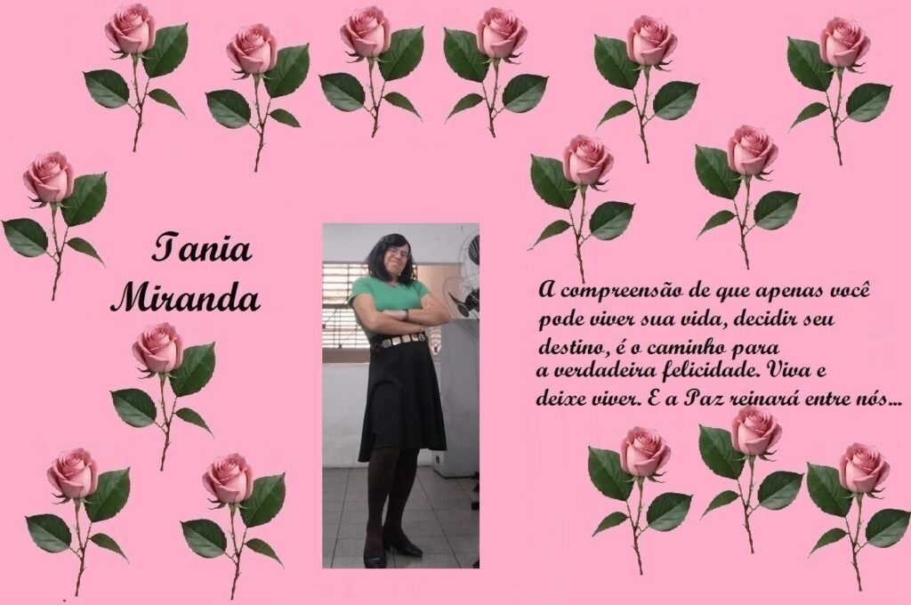 Banner rosa com rosas, nome Iania Miranda à esquerda, foto de mulher ao centro e citação em português à direita sobre viver e paz.