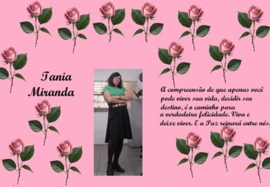 Banner rosa com rosas, nome Iania Miranda à esquerda, foto de mulher ao centro e citação em português à direita sobre viver e paz.