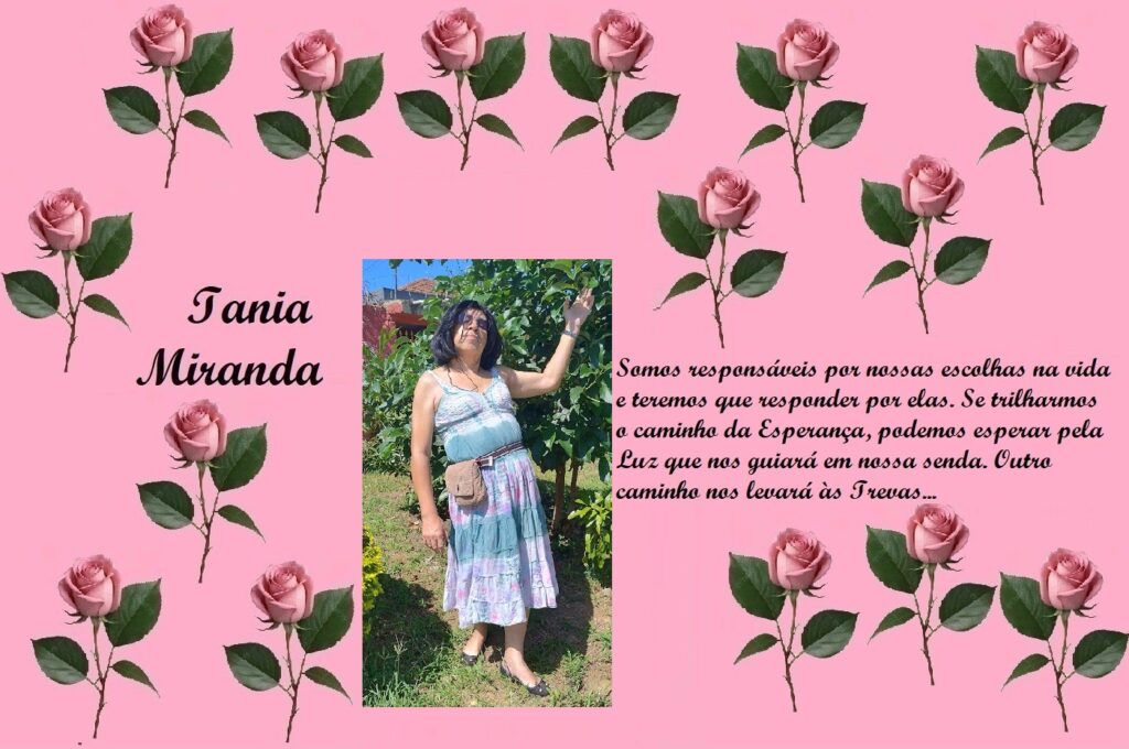 Pink tribute collage with rose borders, the name Iania Miranda on the left, a photo of a woman in a blue dress center, and a Portuguese message on the right.