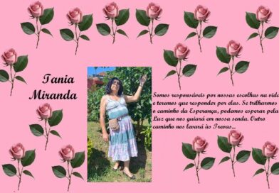 Pink tribute collage with rose borders, the name Iania Miranda on the left, a photo of a woman in a blue dress center, and a Portuguese message on the right.