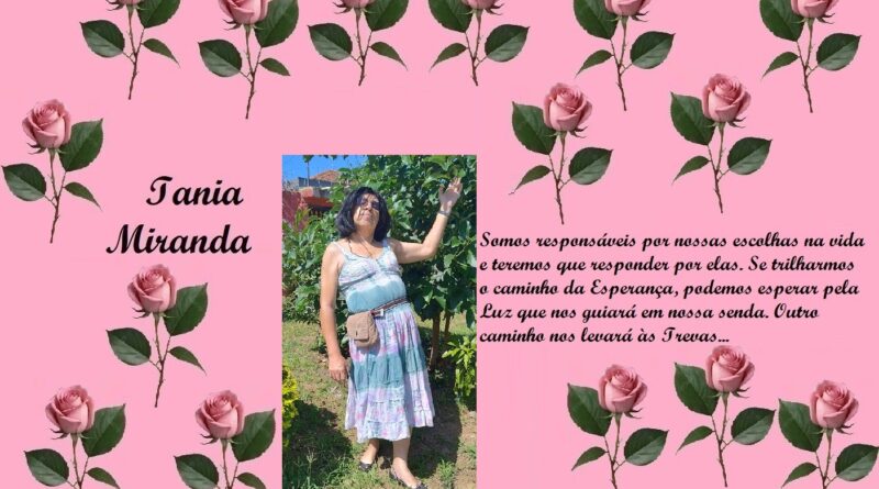Pink tribute collage with rose borders, the name Iania Miranda on the left, a photo of a woman in a blue dress center, and a Portuguese message on the right.