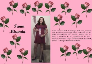 Pink collage with rose border; left shows the name 'Iania Miranda', center features a young woman in a burgundy dress posing, right contains a Portuguese message about life's changes.
