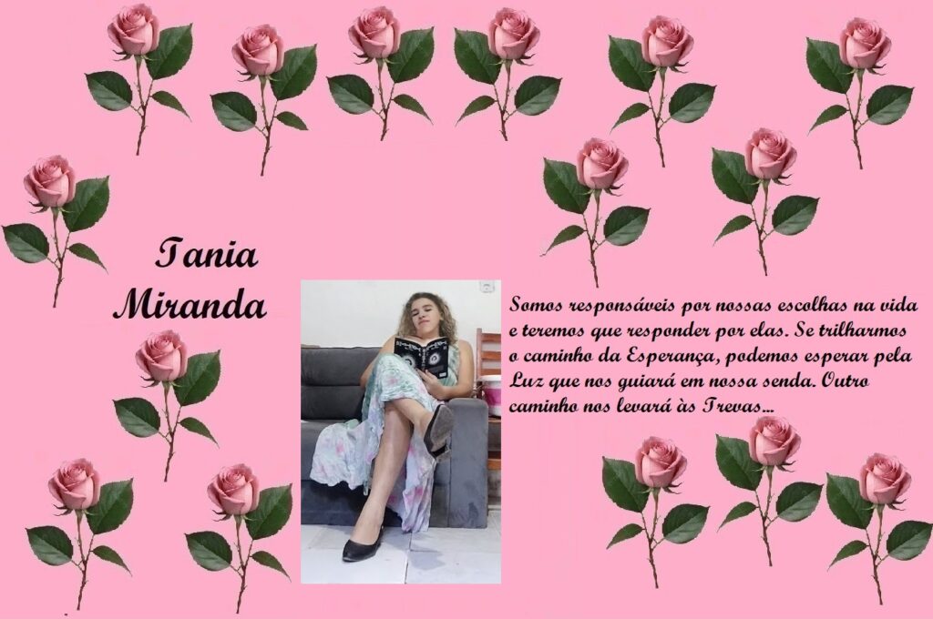 Pink rose-pattern page introducing 'Tania Miranda' with a photo of a girl reading and a hopeful Portuguese quote.