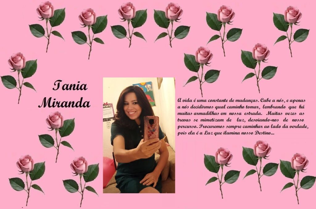 Pink rose-bordered tribute collage for Iania Miranda, featuring a photo of a smiling woman and a Portuguese life-quote.