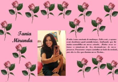 Pink rose-bordered tribute collage for Iania Miranda, featuring a photo of a smiling woman and a Portuguese life-quote.