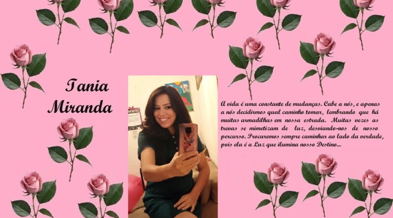 Pink rose-bordered tribute collage for Iania Miranda, featuring a photo of a smiling woman and a Portuguese life-quote.