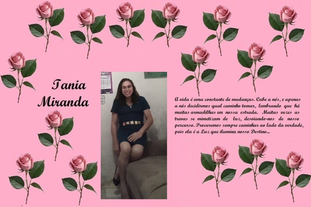 Pink decorative tribute collage for Iania Miranda, with rose-border background, a centered photo of a smiling woman in a dark dress, and a right-side Portuguese text message about life and destiny.