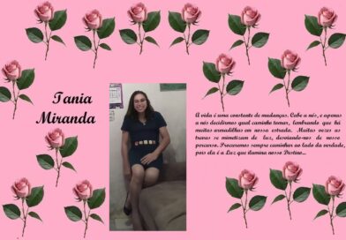 Pink decorative tribute collage for Iania Miranda, with rose-border background, a centered photo of a smiling woman in a dark dress, and a right-side Portuguese text message about life and destiny.
