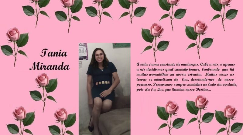Pink decorative tribute collage for Iania Miranda, with rose-border background, a centered photo of a smiling woman in a dark dress, and a right-side Portuguese text message about life and destiny.
