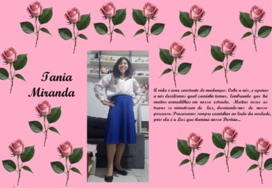 Collage tribute on pink background with repeating rose motifs, featuring the name 'Iania Miranda' on the left, a photo of a smiling woman in a white blouse and blue skirt in the center, and a long Portuguese quote about life and change on the right.