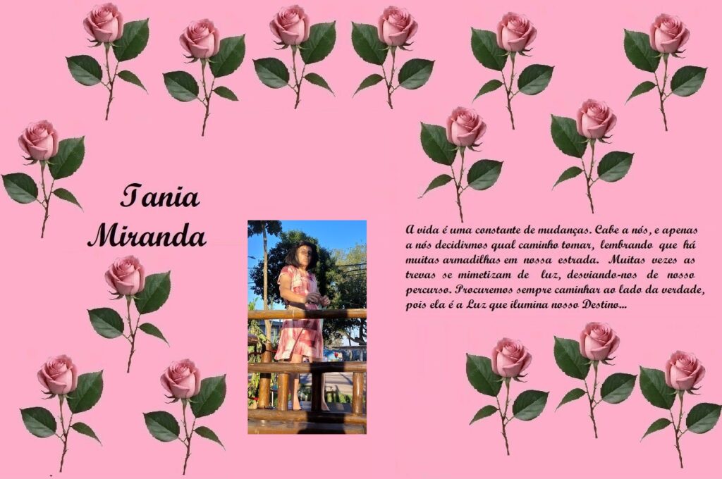 Tribute page with pink floral background, the name "Iania Miranda" in script on the left, a photo of a woman on a wooden railing in the center, and a long Portuguese quote in cursive on the right.