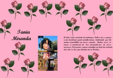 Tribute page with pink floral background, the name "Iania Miranda" in script on the left, a photo of a woman on a wooden railing in the center, and a long Portuguese quote in cursive on the right.