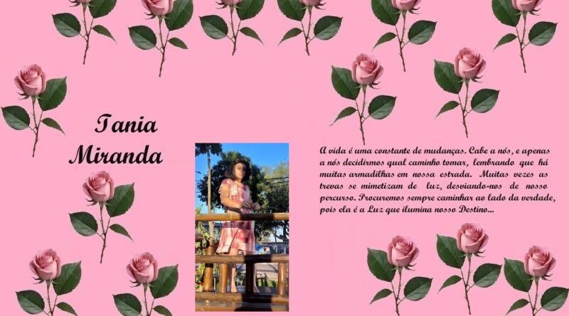 Tribute page with pink floral background, the name "Iania Miranda" in script on the left, a photo of a woman on a wooden railing in the center, and a long Portuguese quote in cursive on the right.