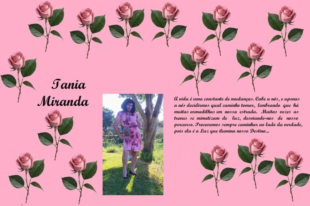 Memorial collage for Iania Miranda: pink background with rose patterns, a photo of a woman in a pink dress, and a Portuguese message about life's changes.