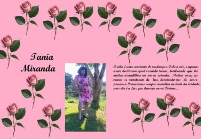 Memorial collage for Iania Miranda: pink background with rose patterns, a photo of a woman in a pink dress, and a Portuguese message about life's changes.