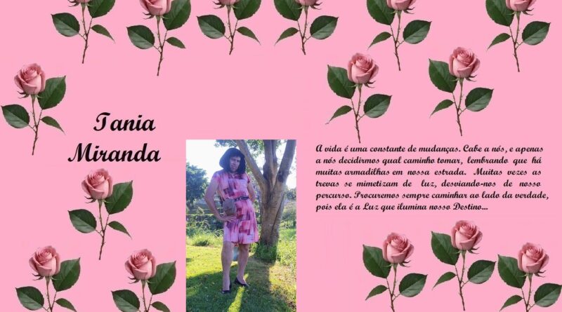 Memorial collage for Iania Miranda: pink background with rose patterns, a photo of a woman in a pink dress, and a Portuguese message about life's changes.