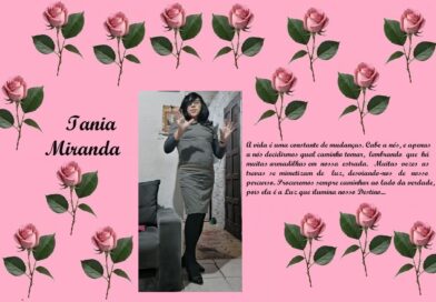 Decorative pink banner with rose borders, a photo of a woman in a gray dress in the center, the name “Tania Miranda” on the left, and a Portuguese paragraph about life’s changes on the right.
