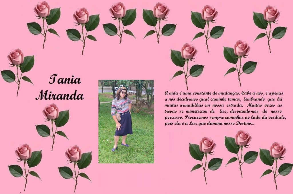 Pink rose-border collage with the name Iania Miranda, a photo of a girl, and a decorative Portuguese life quote.