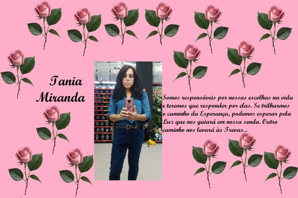 Pink rose-bordered banner with 'Iania Miranda' on the left, a Portuguese quote on the right, and a woman taking a selfie in a store in the center.