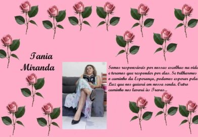 Pink rose-pattern page introducing 'Tania Miranda' with a photo of a girl reading and a hopeful Portuguese quote.