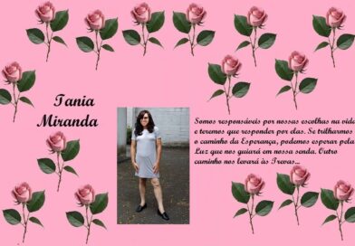 Tribute collage with pink roses border, the name Iania Miranda, a photo of a woman in a gray dress, and a Portuguese message about choices and hope.