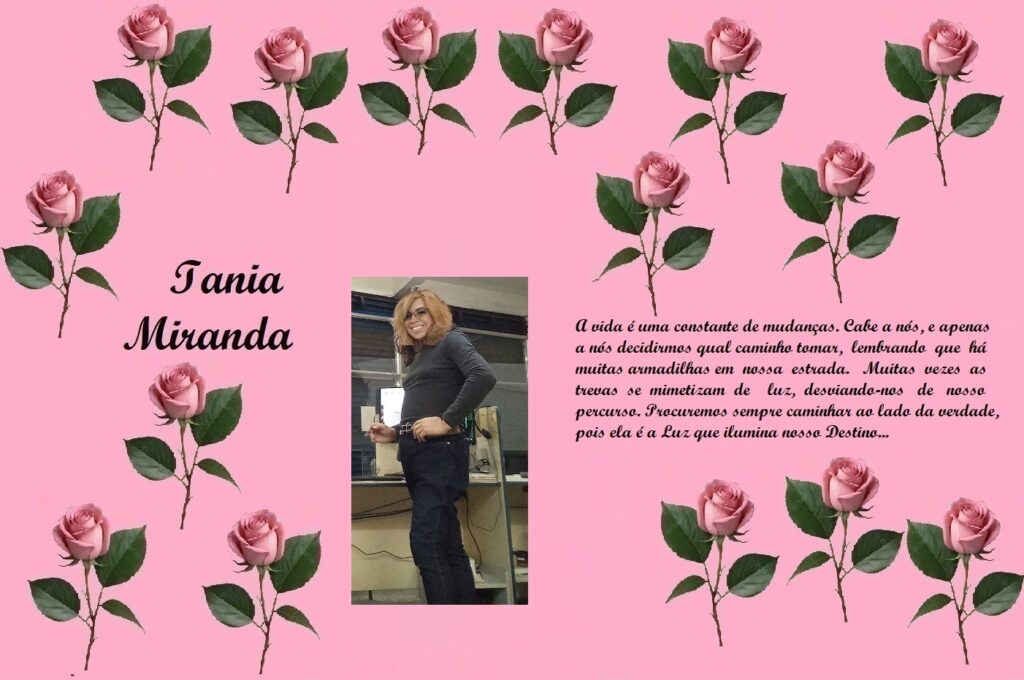 Tribute collage on pink background with rose border, featuring the name Iania Miranda, a photo of a woman, and a Portuguese quote about life.