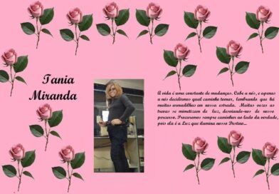 Tribute collage on pink background with rose border, featuring the name Iania Miranda, a photo of a woman, and a Portuguese quote about life.