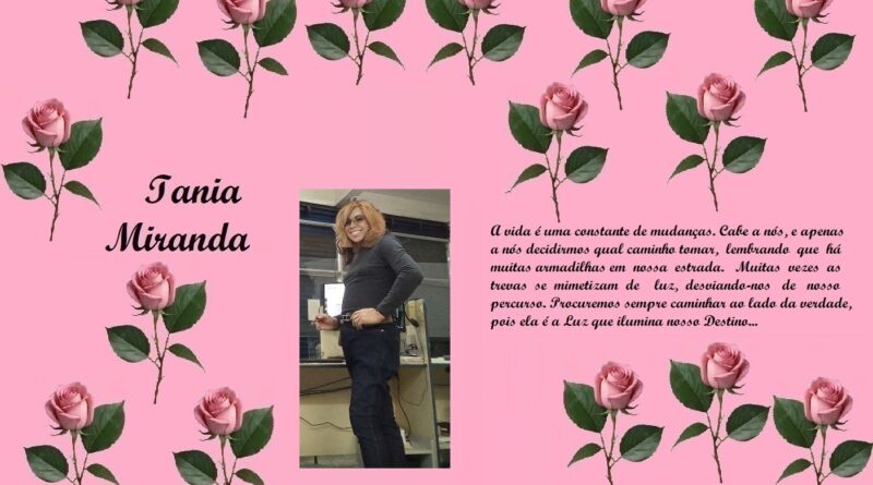 Tribute collage on pink background with rose border, featuring the name Iania Miranda, a photo of a woman, and a Portuguese quote about life.