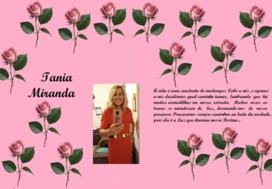Tribute collage on pink background with rose borders reading 'Tania Miranda'; center shows a smiling woman in an orange dress, right contains a Portuguese dedication text.