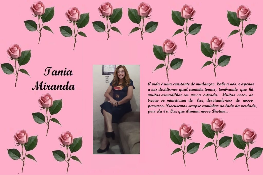 Pink tribute collage for Iania Miranda: rose border on a pink background, left-side name, center portrait photo, and a long Portuguese quote on the right.