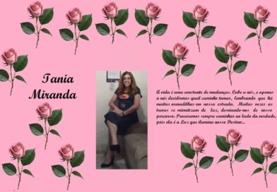 Pink tribute collage for Iania Miranda: rose border on a pink background, left-side name, center portrait photo, and a long Portuguese quote on the right.